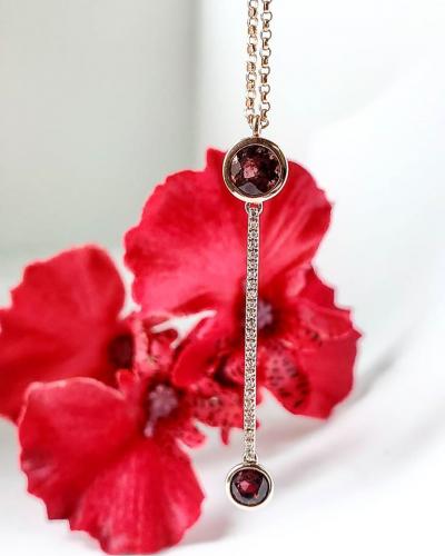 Red pink tourmaline stick pendant in rose gold